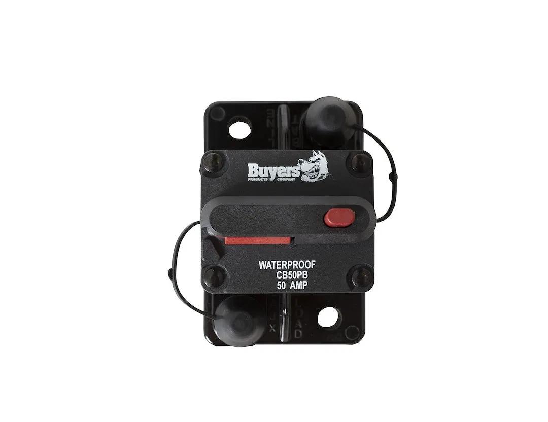 CB50PB – BUYERS PROD Circuit Breaker, 50 Amp Plastic Waterproof Black 42 Volts Max Brass Studs Manual Push-To-Trip Re...